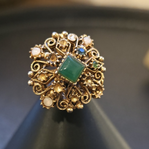 Vintage Florenza Style Czech Filigree Cocktail Ring - Emerald Green Art Glass - Picture 6 of 10